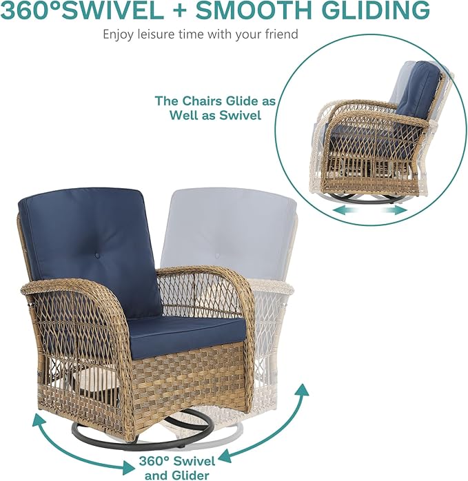 MEETWARM 5 Pieces Outdoor Patio Rattan Furniture Sets, All Weather Patio Wicker Conversation Set - 2 Rocking Swivel Chairs 1 Rattan Loveseat Glider w/Cushions, 2 Glass-Top Coffee Table, Navy Blue
