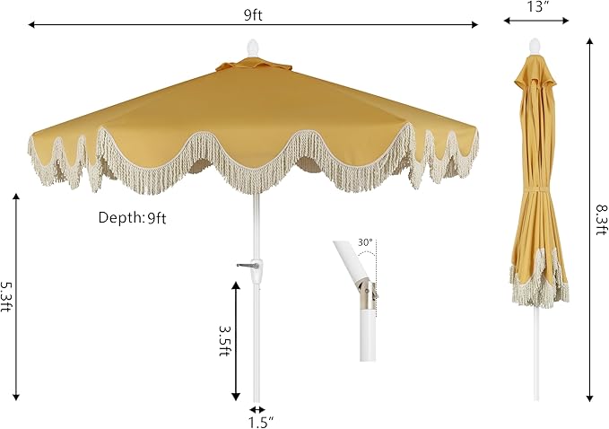 Eyely BMU1001 Halden 9 ft. Classic Cottage Tassel Market Patio Umbrella with Auto-Tilt, Crank