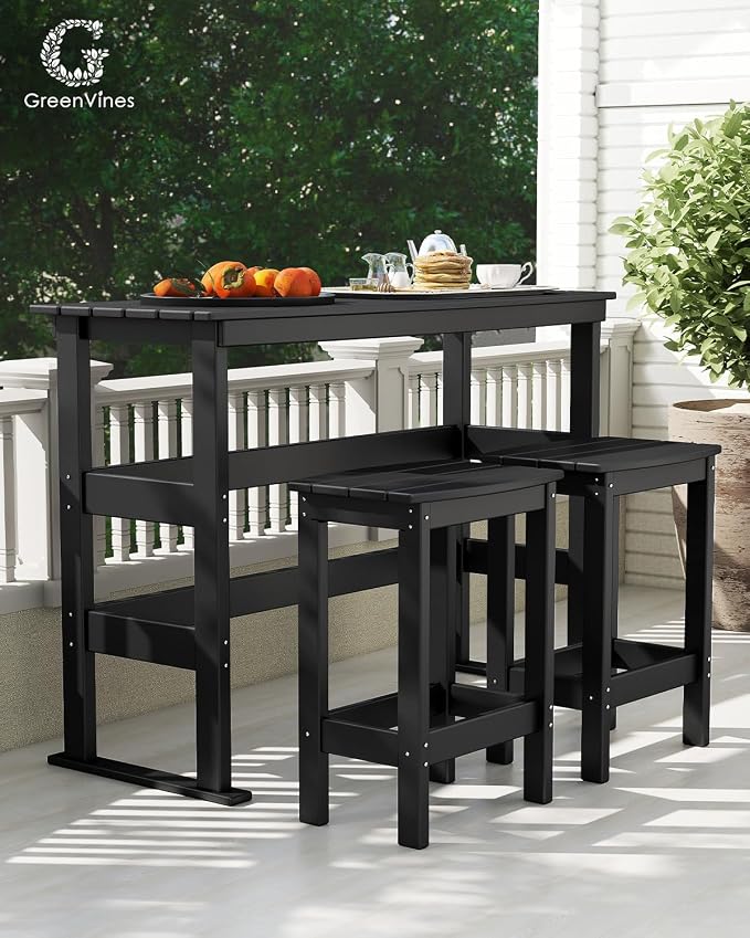 GREENVINES Outdoor-Bar-Set | HDPE Plastic | 3-Piece | 37″ Counter Height Patio Table & 2 Backless Stools | Rectangle | High Top | All Weather | for Backyard Balcony Poolside | Black