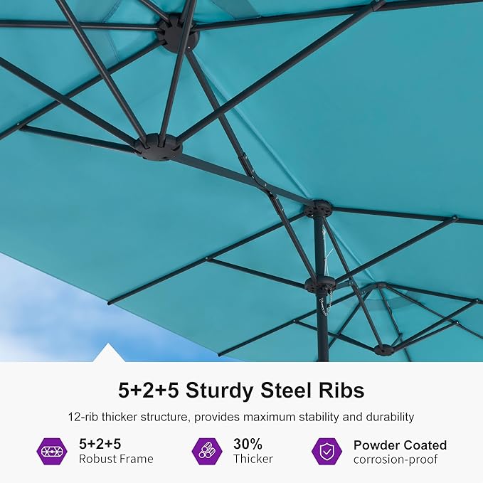 PURPLE LEAF 15ft Patio Umbrella with Base Included Double-Sided Rectangle Outdoor Umbrella Market Table Umbrella with Crank for Pool Garden Deck, Turquoise