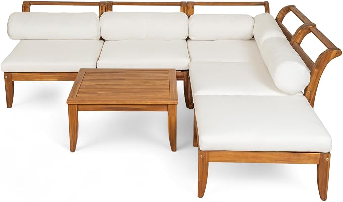 JIVOIT 6 Piece Acacia Wood Patio Sofa Set, Outdoor Modular Sectional Garden Furniture Set with Tea Table, Ottoman, 5 Cushions and Pillows, L-Shaped Conversation Daybed for Patios, Poolsides, Gardens