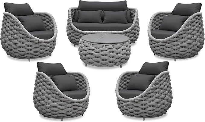 Aluminum Outdoor Patio Furniture Set: 6 Pieces Porch Rope Conversation Sofa Set - Modern Woven Deck Couch Set Cushioned - No Assembly All Weather Seating for 660lbs Yard Garden Lanai Hotel Pool