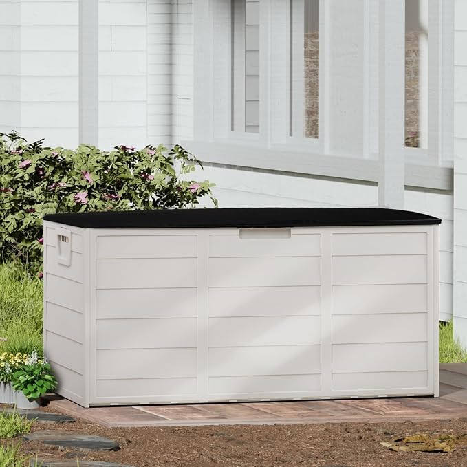 75 Gallon Large Outdoor Storage Box, Indoor and Outside Deck Box with Lockable Design Lids, Waterproof Resin Storage Containers Bin for Garden Garage Patio Poolside Toy Storage Black & White