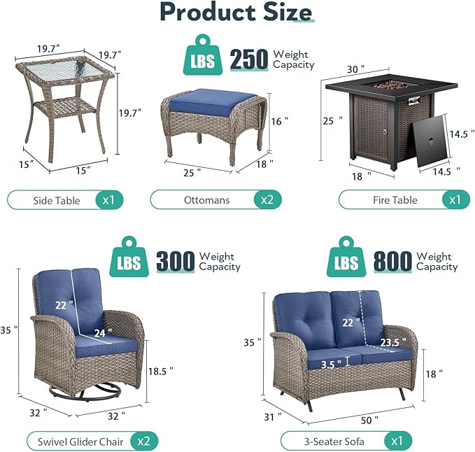 7 Piece Patio Furniture Set with Fire Pit Table - Wicker Patio Conversation Set with Swivel Glider, Glider Loveseat, Side Table and 2 Ottomans for Deck Backyard - Grey Wicker Blue Cushion