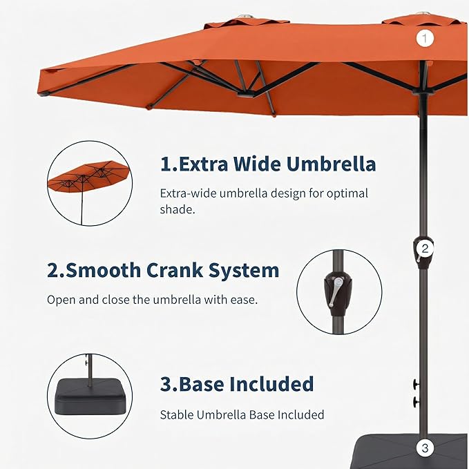 15FT Double Sided Patio Umbrella with Base Included Large Outdoor Market Umbrella with Crank Handle, UV Resistant Canopy, Sturdy Frame for Garden, Poolside, Deck, Terracotta
