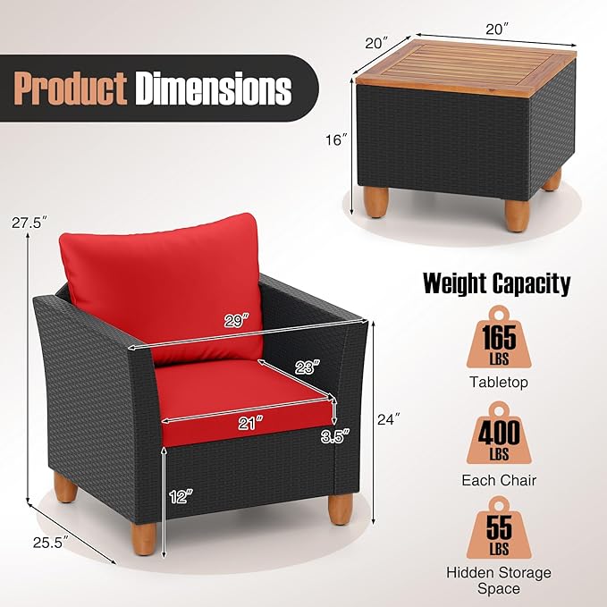 HAPPYGRILL 3 Pieces Patio Conversation Set with Storage Coffee Table, PE Rattan Wicker Furniture Set with Cushions, Outdoor Acacia Wood Sofa Furniture Set for Balcony Backyard Porch Garden