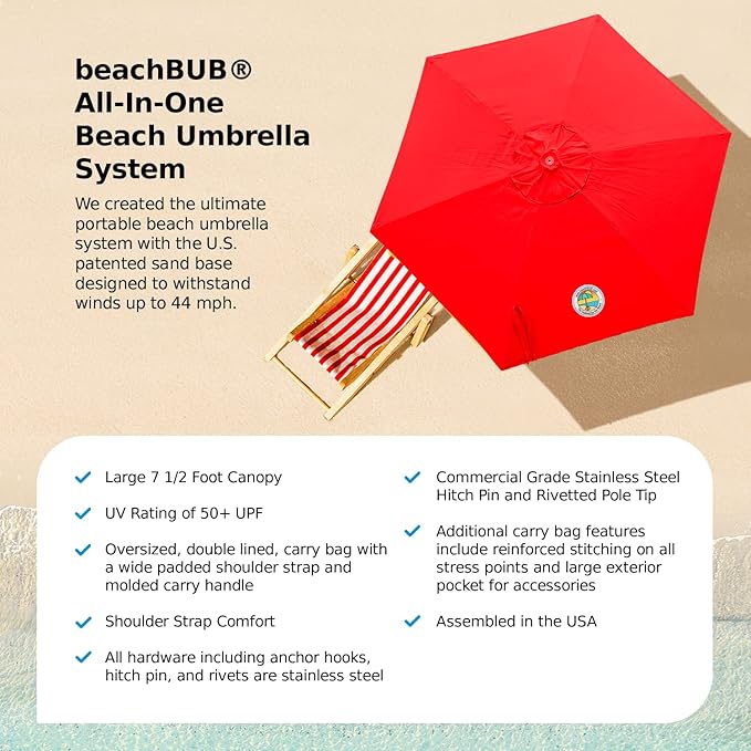 BEACHBUB ALL-IN-ONE BEACH UMBRELLA SYSTEM. Includes ULTRA Base (compliant with the ASTM F3681-24 Beach Umbrella Safety Standard). (Bold Breaker Red)