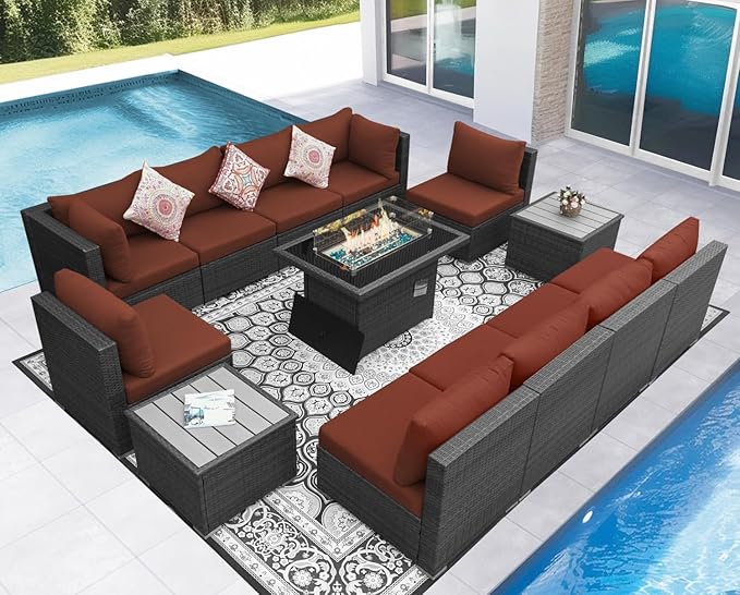 NICESOUL 13 Piece Outdoor Sectional Furniture with Firepit, Contemporary Back Yard Fireplace w/Seating Area, Plus Size 29.3'' High Back Patio Set, All-Weather Wicker Couch for Exterior, Gray & Red