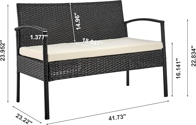 Manhattan Comfort Noli 4-Piece Patio Conversation Set, Outdoor Furniture Made of Steel Rattan | Includes 2 Modern Armchairs, Loveseat, Tempered Glass Coffee Table, Removable Waterproof Cushions, Cream