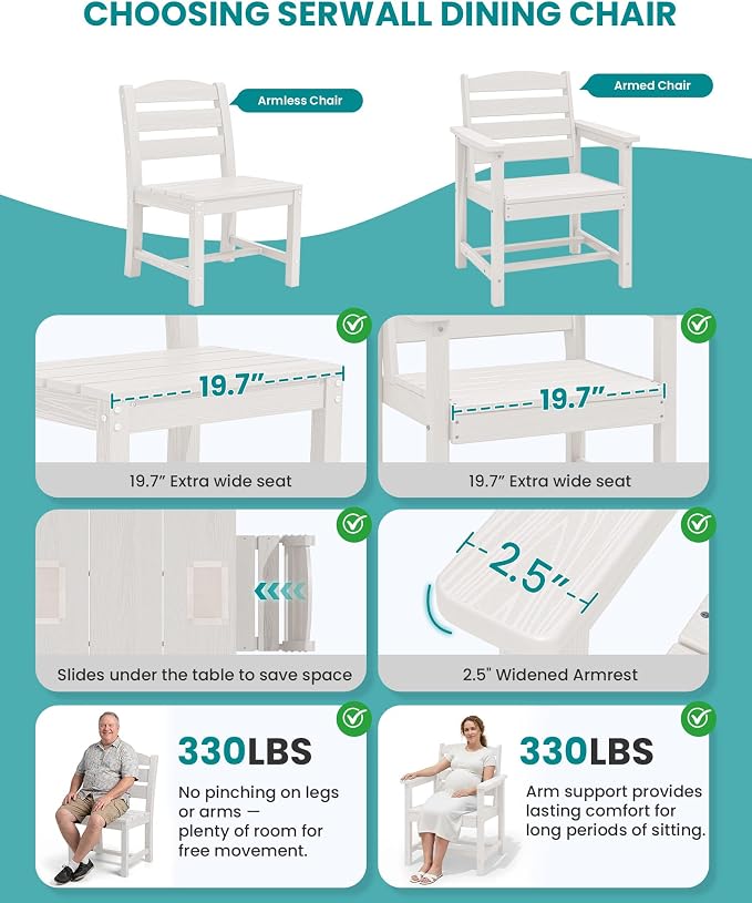 SERWALL 59" Patio Dining Set for 6, w/ 1 Table & 6 Chairs, White | Armless Patio Dining Sets for All Weather Use