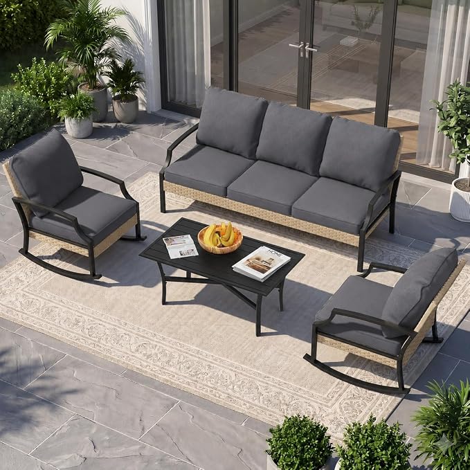 AECOJOY Patio Furniture Set, 4 Piece Rattan Conversation Set, Dark Gray | 3mm Rust-Resistant Steel, 5-Inch Cushions, 2 Rocking Chairs and Coffee Table for Porch, Garden, Lawn and Backyard