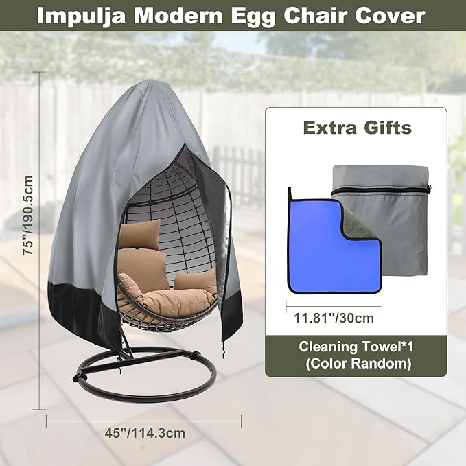 Outdoor Furniture Covers Waterproof, Patio Egg Chair Cover with Zipper,Outdoor Hanging Egg Chair Cover,UV Resistant, Windproof Heavy Duty,Wicker Egg Swing Chair Covers,Fits Single Seat Egg Chair, Gray