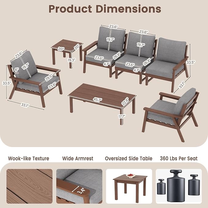 Ayge HDPE Patio Furniture Set,6 Piece Sectional Outdoor Furniture Set, All Weather Outdoor Couch Set Patio Conversation Set for Deck, Lawn, Brown