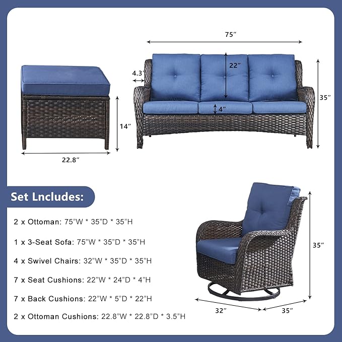 Rilyson Wicker Patio Furniture Set - 7 Piece Rattan Outdoor Sectional Conversation Sets with 4 Swivel Rocking Chairs,2 Ottomans and 1 Sofa for Porch Deck Garden(Brown/Blue)