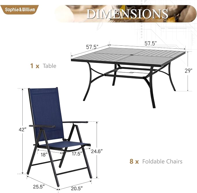 Sophia & William Patio Dining Set for 8, Metal Table & Blue Folding Chairs | Light-weight & space-saving, Breathable & quick-drying, 8 person, Umbrella Hole, Weather-Resistant, Adjustable, Outdoor