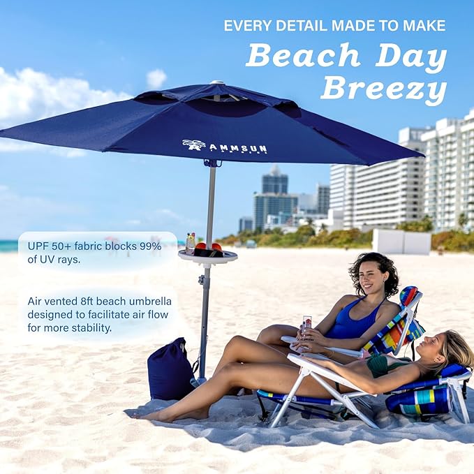 AMMSUN 8ft Large Beach Umbrellas for Sand Heavy Huty Wind Portable Commercial Grade Patio Beach Umbrella with Sand Anchor Hanging Hook Weight Sandbag Adjustable Height Air Vent UPF 50+ Telescoping Pole without tilt Navy