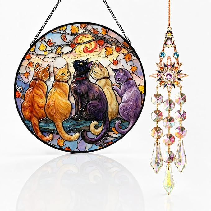 Statement Deluxe Bundle | Stained Glass Window Hanging, Five Cats 3D Embossed Diamond Glass Suncatcher, 7-Piece Cat Lover Gift Set with Crystal Pendant & Invisible Hooks