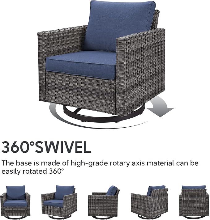 4 Piece Wicker Patio Furniture with Fire Pit Table - Outdoor Conversation Set with 50,000 BTU Fire Pit, All Weather Rattan Patio Set for Deck Backyard Garden - Grey Wicker Blue Cushion