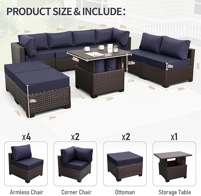 9 Pieces Wicker Patio Furniture Set Outdoor PE Rattan Sectional Conversation Sofa Set with Navy Blue Cushions and Storage Table
