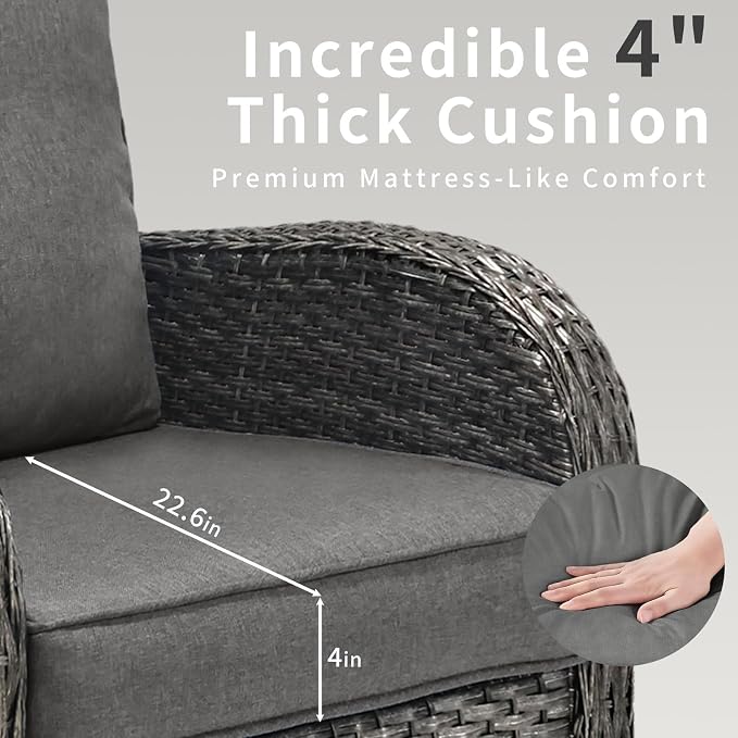 3 Piece Outdoor Swivel Rocker Patio Chairs, All-Weather Rattan Chair, Wicker Glider Patio Furniture Set with Side Table, for Garden, Backyard, Deck, Gray Rattan & Gray Cushions