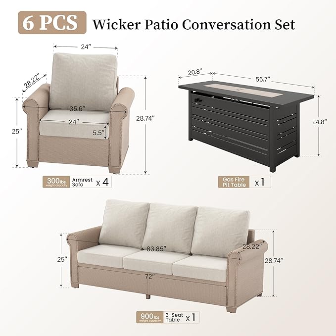 Patio Furniture Set 6 pcs, Wicker Rattan Sofa and Chairs with 5.5" Thick Waterproof Cushions, 56" Fire Pit Table, All Weather Outdoor Conversation Set for Backyard Deck, 7 Seats Beige