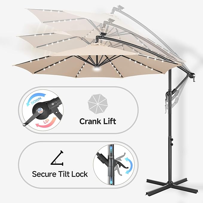 Solar Offset Patio Umbrella - 10 FT Solar Cantilever Umbrella Outdoor with 40 LED Lights and Cross Base, UV Protection for Garden, Deck, Backyard, Pool, Porch, Beige