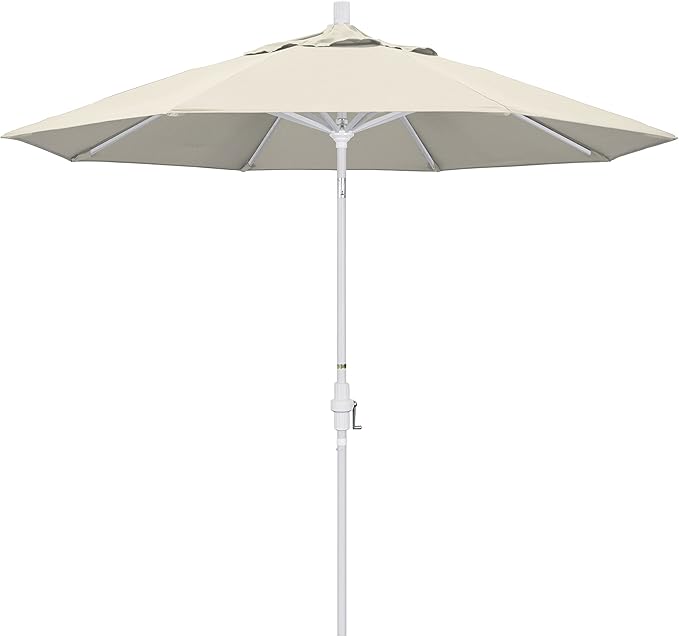 California Umbrella 9' Round Aluminum Market Umbrella, Crank Lift, Collar Tilt, White Pole, Antique Beige Olefin