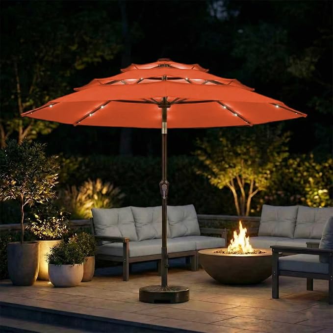 10ft 3-Tier Patio Umbrella with 32 Solar Powered LED Lights, Windproof Outdoor Market Umbrella for Deck, Poolside & Garden, Sturdy Push-Button Tilt Table Umbrella, Terracotta