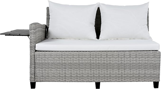 GDFStudio Brava Patio 5-Piece Conversation Set, Outdoor Rattan Sectional Sofa Set with Extendable Side Tables, Dining Table and Bench, L Shaped PE Wicker Furniture Set for Garden, Poolside, White