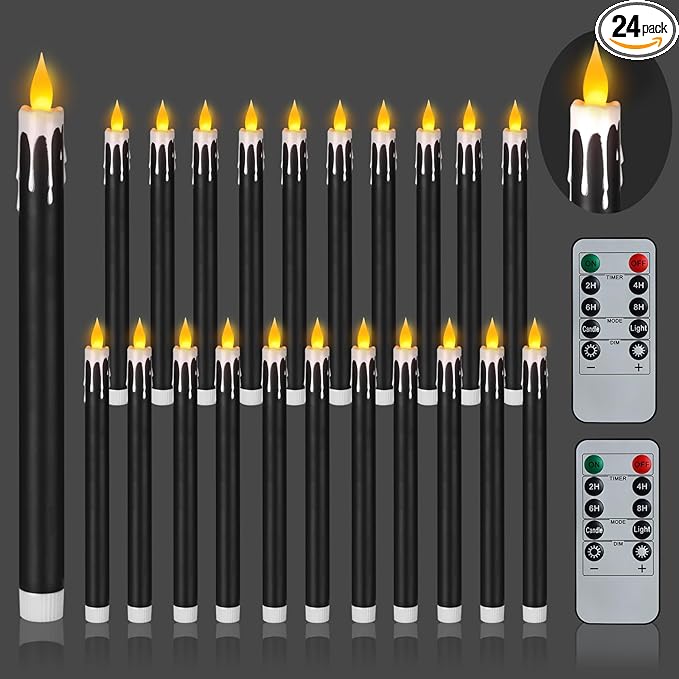 wemarry Flameless Taper Candles 10.6" Dripless Battery Operated Taper Candles Included Remote Timer 400+ Hours by 2AA Batteries for Halloween Christmas Wedding (Black+White, 24 Pack)