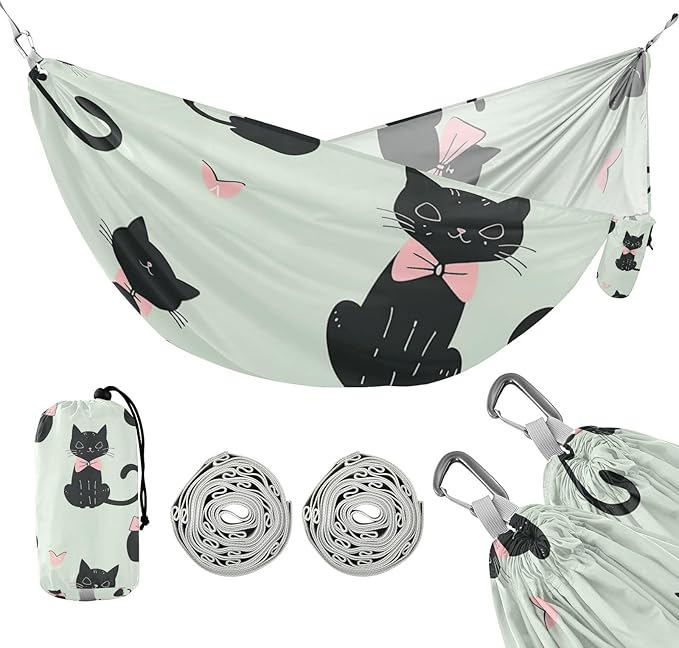 Cartoon Cute Black Cat 330lb Capacity Outdoor Hammock Portable Hammock for Camping & Hiking Essential soporte para hamacas para adultos