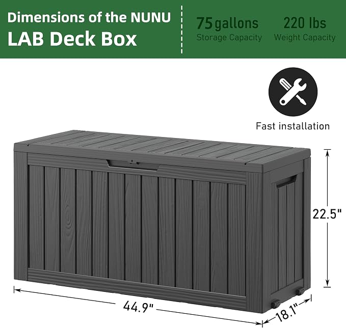 Outdoor Storage Box, Resin Deck Boxes Indoor and outdoor, Waterproof Storage Box Lockable Lid (Black, 75 Gallon)