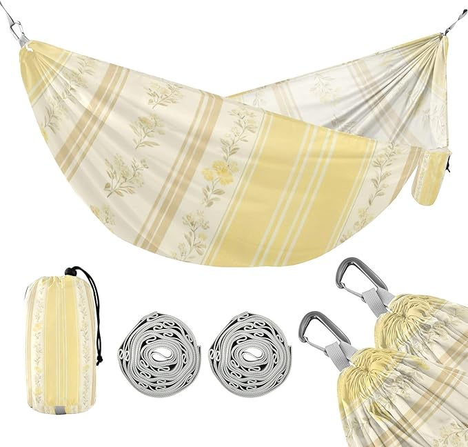 Yellow Floral Stripes Hammocks for Camping with Portabl Carry Bag Hanging Hammock Outside Beach Patio Garden