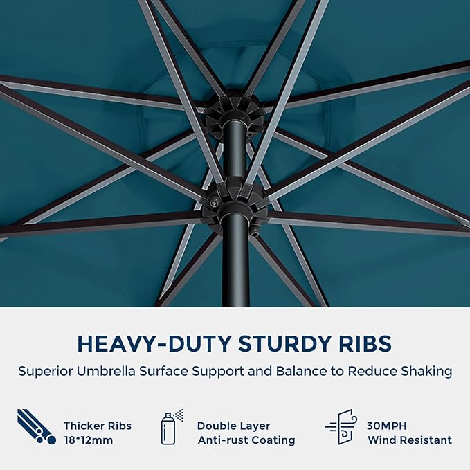 HOMSHADE 9ft Outdoor Patio Umbrella - Market Table Pool Deck Umbrella UPF50+ UV Protection with Push Button Tilt, Crank and 8 Sturdy Ribs (Peacock Blue, No base)