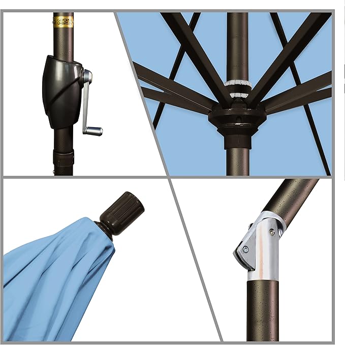 California Umbrella 7.5' Round Aluminum Market Umbrella, Crank Lift, Push Button Tilt, Bronze Pole, Sunbrella Air Blue