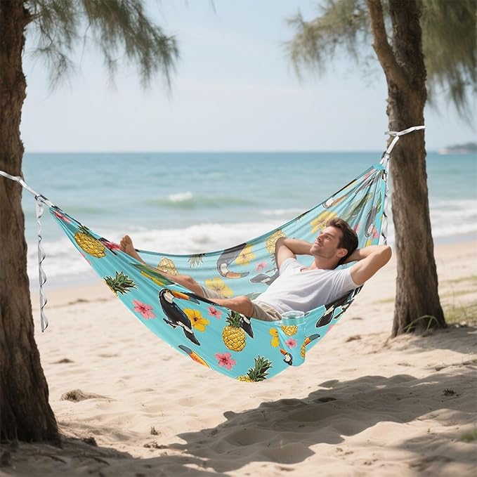 Camping Hammock Outdoor Hammocks for Outside Toucan Hibiscus Flower Beach Trees Portable Lightweight with Pockets Tree Straps Indoor Small