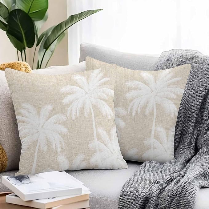 Outdoor Pillow Covers 24x24 Inch Set of 2, Beige Palm Trees Waterproof Throw Pillow Covers, Farmhouse Tropical Summer Beach Decorative Cushion Pillowcases for Couch, Sofa, Bed, Garden, Patio