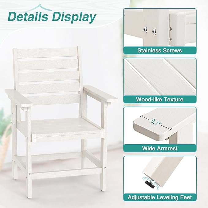 HDPE Outdoor Dining Chair, Weather Resistant Heavy Duty Patio Chair with Armrest, 17.5" Seat Height 300LBS Support for Backyard Deck Porch Balcony, White