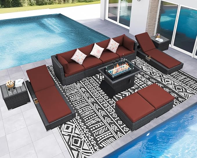 NICESOUL 11 Piece Sectional Outdoor Set with Chaise Lounge, Extra Large Backyard Seating with Firepit, 29.3'' Highback Patio Couch Sofa, Heavy Duty All-Weather Wicker Furniture for Deck, Grey & Red