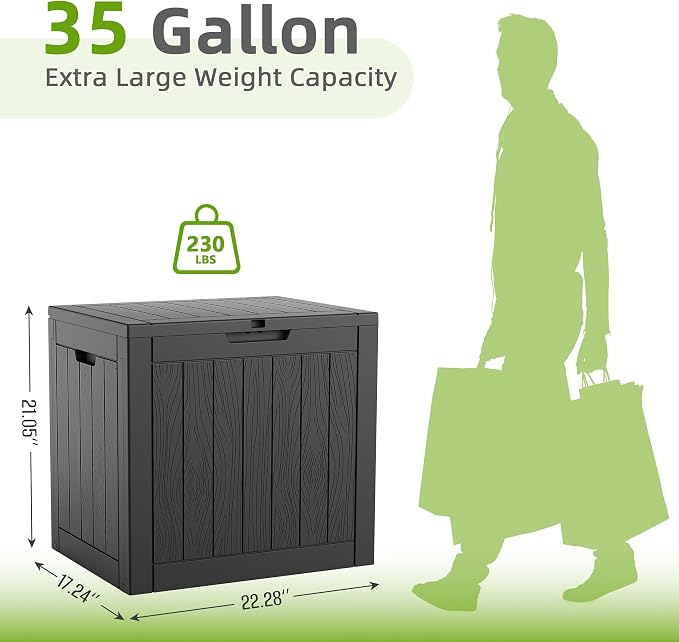 Vixzen 35 Gallon Deck Boxes Outdoor Waterproof, Lockable Resin Storage Box with lid for Furniture Cushions, Weatherproof Containers Outside Storage Boxes for Garden Patio Pool Tools (Black, 35 Gallon)