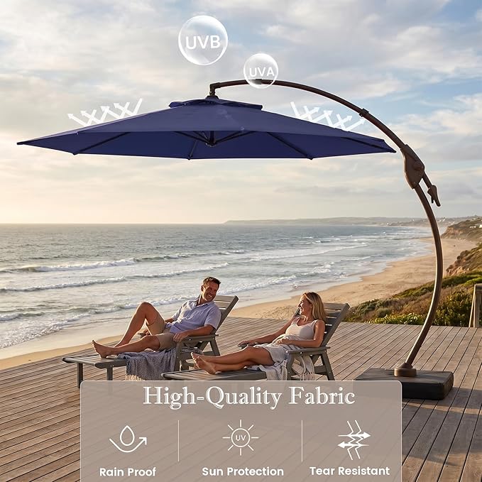 Cantilever Umbrella with Heavy-Duty Base, Outdoor Large Round Aluminum Offset Umbrella for Patio Garden Backyard, UV-Resistant Waterproof Canopy, 360° Rotation & Tilt Adjustment