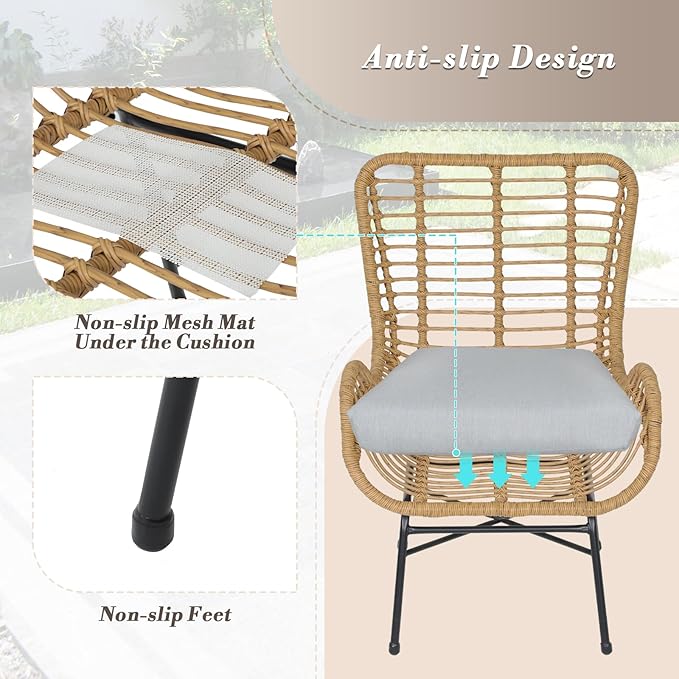 Athena Collection Patio Bistro Sets, 3 Piece All Weather Furniture Set Outdoor Conversation Set Glass Table and Rattan Chairs Set with Soft Cushions for Garden, Poolside, Backyard, Gray