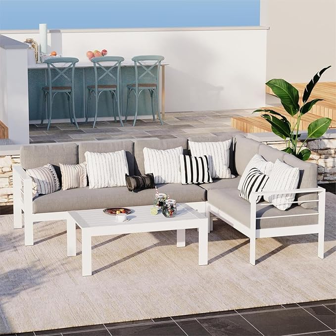 Solaste Aluminum Patio Furniture Set, Metal Patio Sectional Sofa with Imitation Wood Tabletop Coffee Table, Modern Outdoor Furniture Couch with Water-Resistant Cushion for Balcony Backyard, White