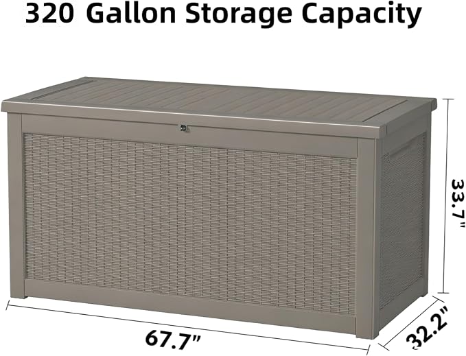 Outdoor Storage Deck Box, Large Patio Container for Garden Tools, Cushions and Yard Accessorie.Lockable Waterproof Resin Weatherproof Storage Container (Light Brown, 320 Gallon)
