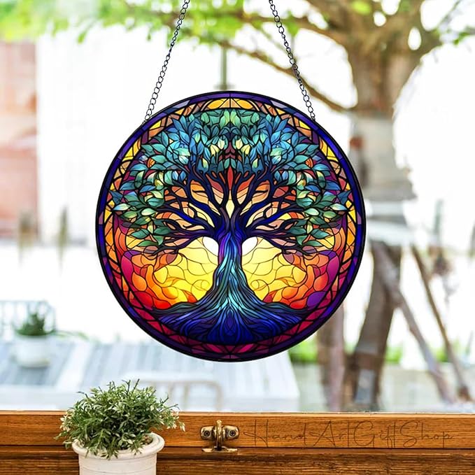 Tree of Life Suncatcher Stained Glass Window Hanging | 7.9 in, Catcher, Garden Decor