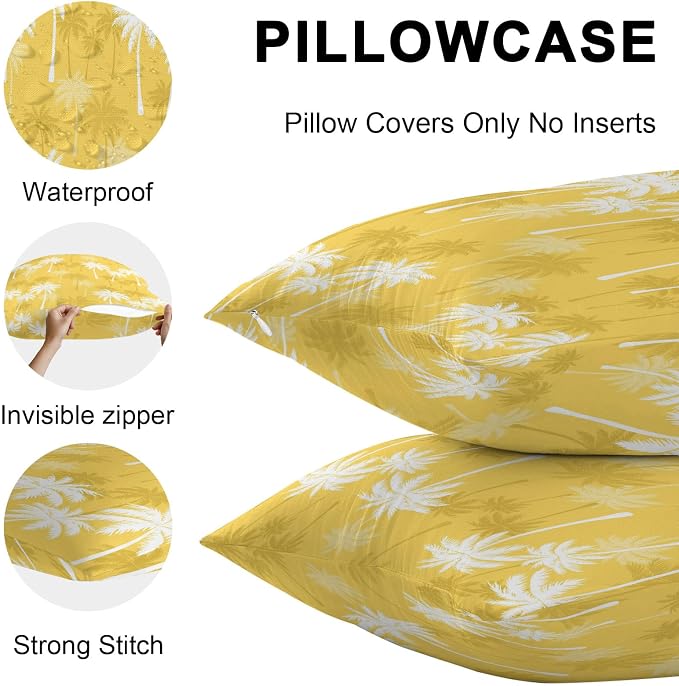 Lumbar Pillow Covers 20x12 Inch Set of 2, Tropical Palm Tree Waterproof Outdoor Pillow Covers, Yellow White Plants Coastal Leaf Beach Decorative Cushion Pillowcases for Couch, Sofa, Bed, Garden, Patio