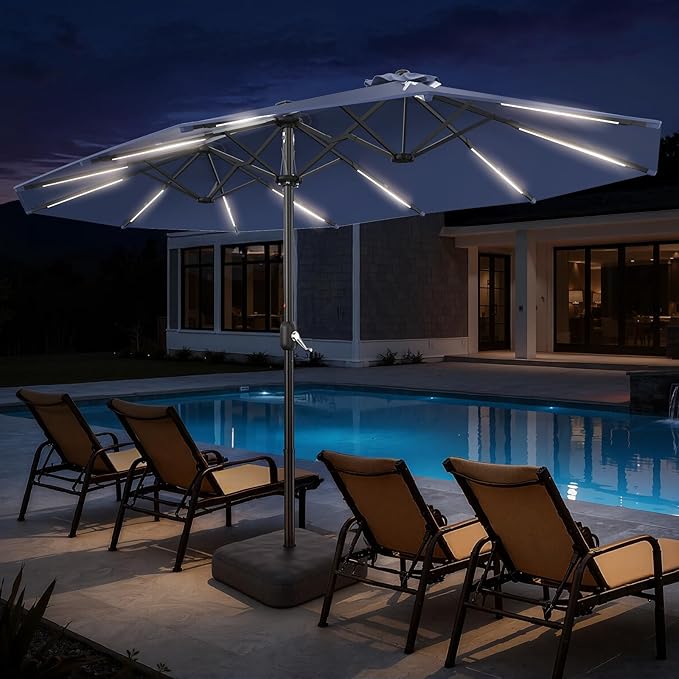 HOMSHADE 15FT Double Sided Umbrella with Light Strips and Base, Rectangle Oversized Patio Umbrellas, Extra Large Outdoor Table Umbrella for Pool, Patio, Garden (Navy Blue)