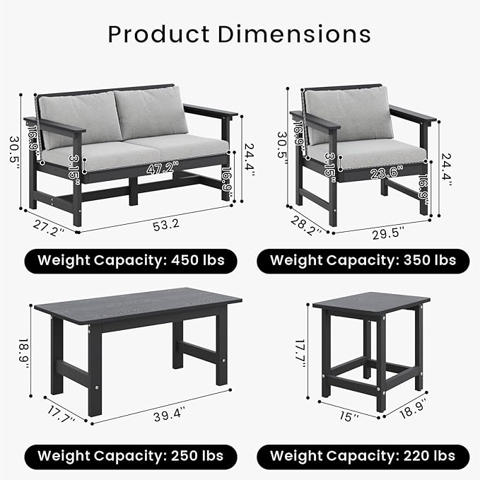 5-Piece Patio Conversation Sets, Weatherproof HDPE Sectional Furniture Set with Cushions, Outdoor Sofa Set for for Porch, Balcony, Deck, Lawn (Black)