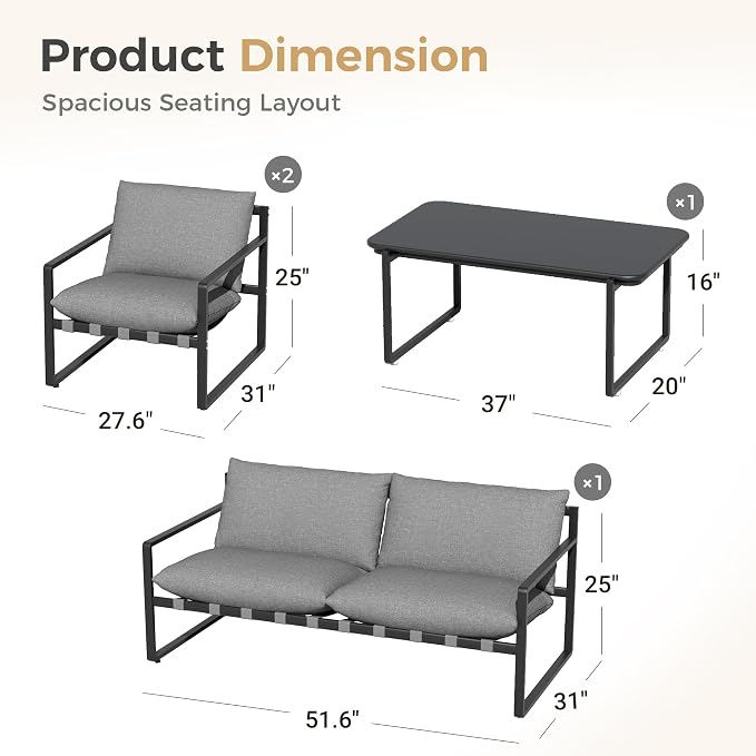 Grand patio 4 Piece Outdoor Furniture Set, Patio Sofa with Cushion, Metal Couch with Coffee Table, 4-Seat Conversation Set for Porch Deck Balcony Backyard, Grey