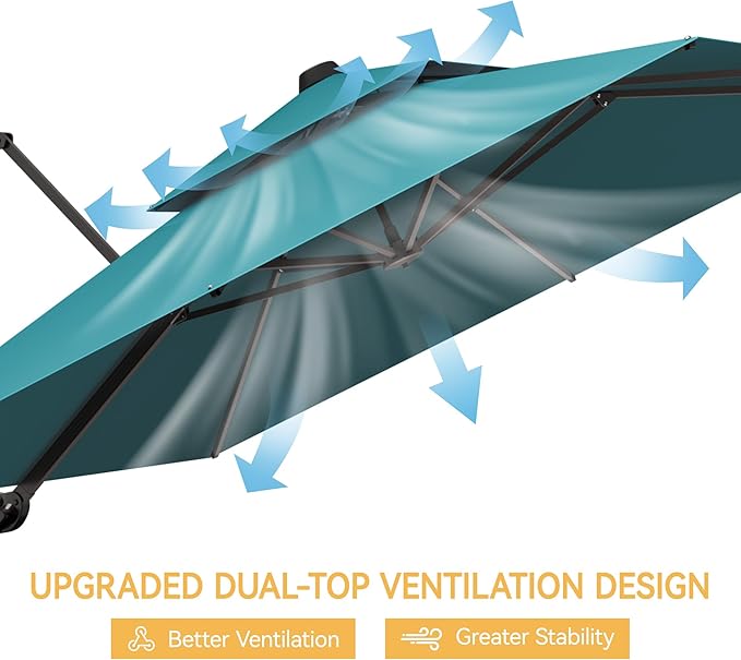 10x10 FT Patio Umbrella, Large Cantilever Double Top Heavy Duty Offset Umbrellas with 360° Rotation, Outdoor shade for Garden Deck Pool, Turquoise